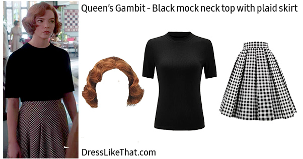queens gambit black mock neck top plaid skirt